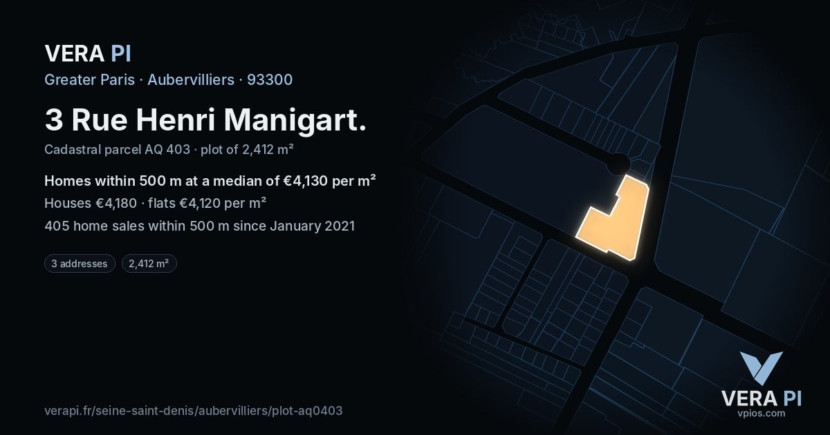 3 Rue Henri Manigart, Aubervilliers at night – the plot lit, the parcels around coloured by the prices near them