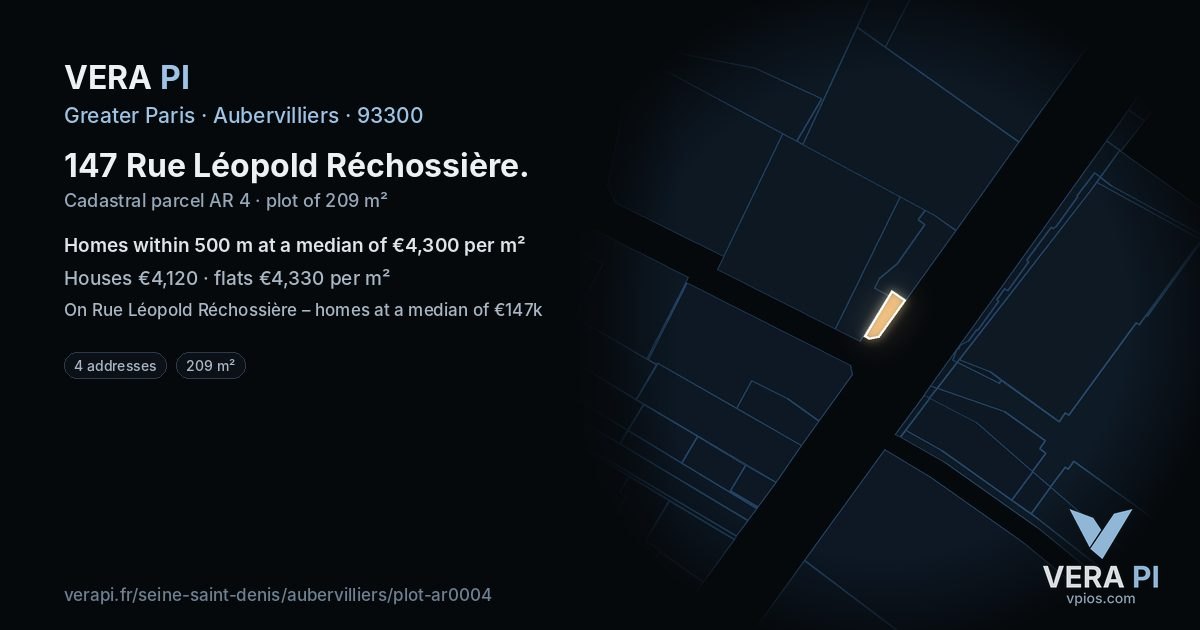 147 Rue Léopold Réchossière, Aubervilliers at night – the plot lit, the parcels around coloured by the prices near them