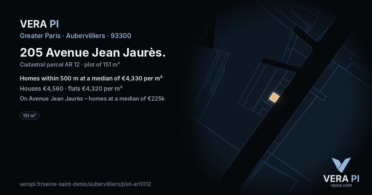 205 Avenue Jean Jaurès, Aubervilliers at night – the plot lit, the parcels around coloured by the prices near them