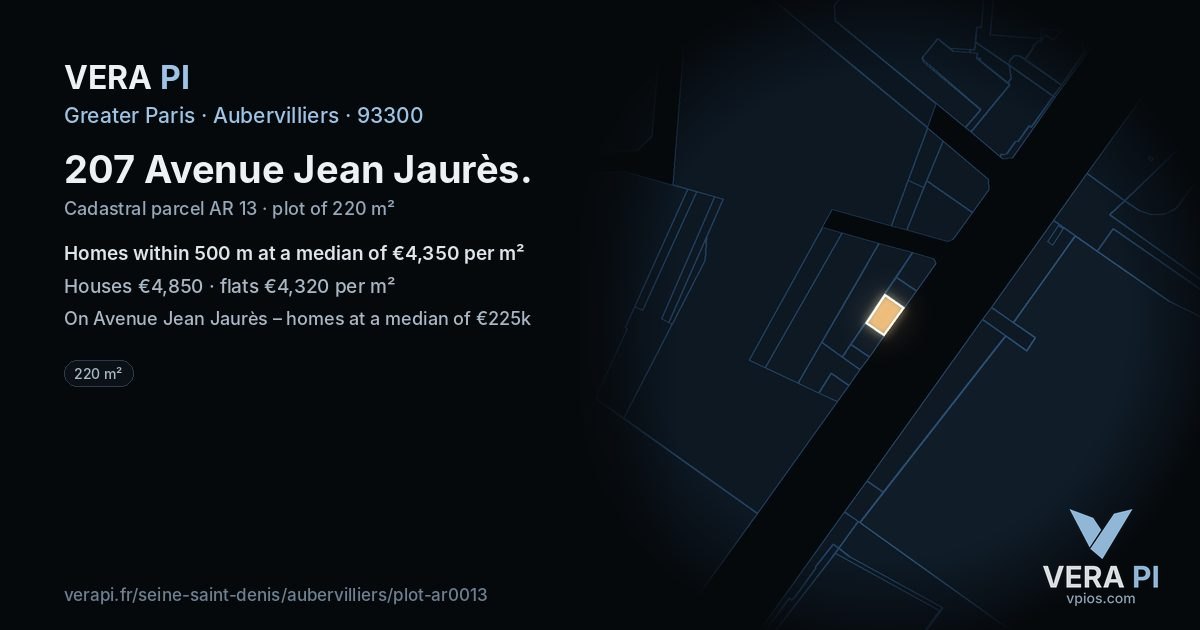 207 Avenue Jean Jaurès, Aubervilliers at night – the plot lit, the parcels around coloured by the prices near them