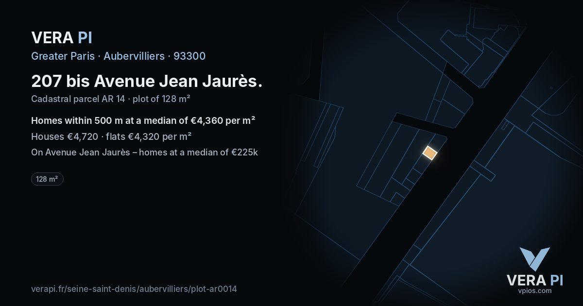207 bis Avenue Jean Jaurès, Aubervilliers at night – the plot lit, the parcels around coloured by the prices near them