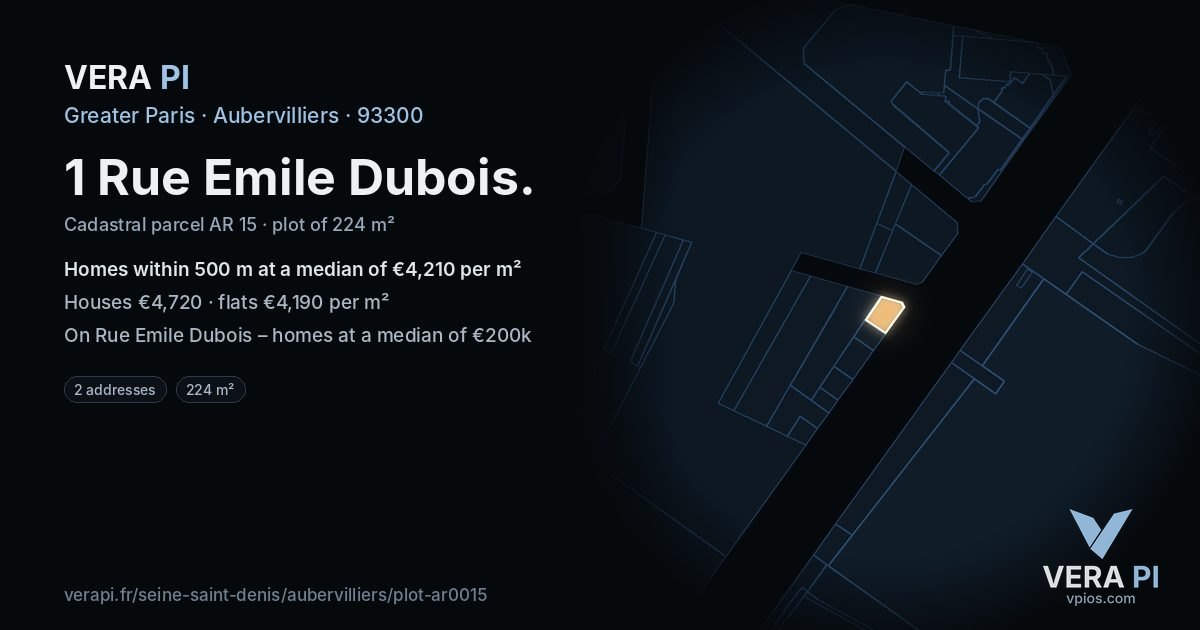1 Rue Emile Dubois, Aubervilliers at night – the plot lit, the parcels around coloured by the prices near them
