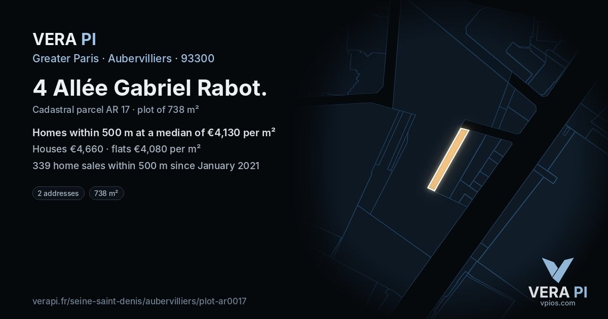 4 Allée Gabriel Rabot, Aubervilliers at night – the plot lit, the parcels around coloured by the prices near them