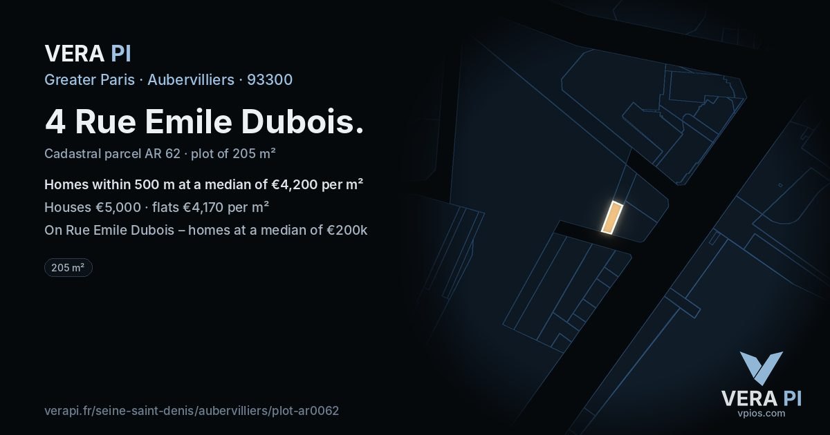 4 Rue Emile Dubois, Aubervilliers at night – the plot lit, the parcels around coloured by the prices near them