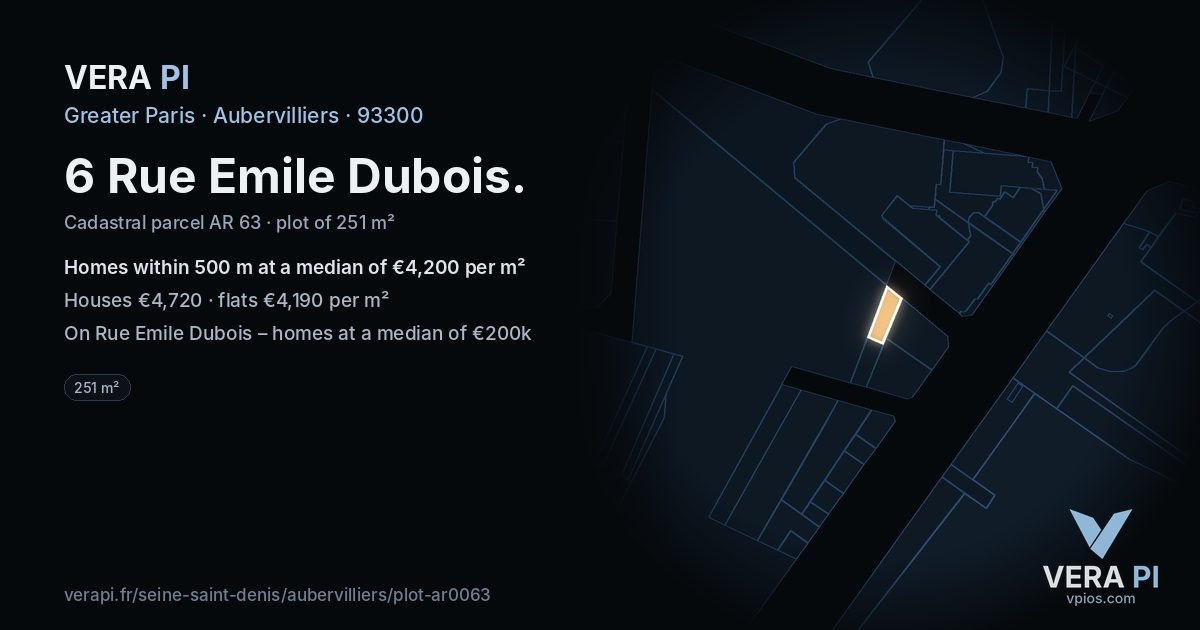 6 Rue Emile Dubois, Aubervilliers at night – the plot lit, the parcels around coloured by the prices near them