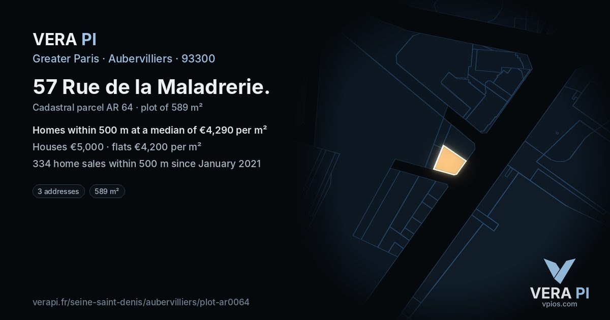 57 Rue de la Maladrerie, Aubervilliers at night – the plot lit, the parcels around coloured by the prices near them