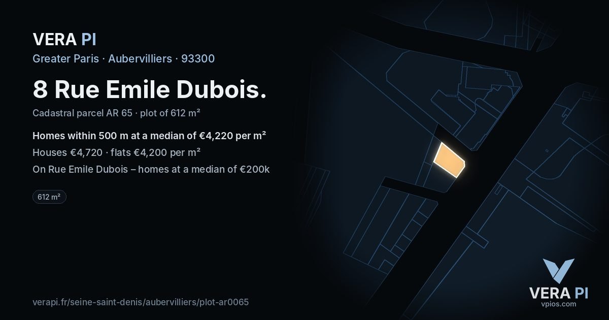 8 Rue Emile Dubois, Aubervilliers at night – the plot lit, the parcels around coloured by the prices near them
