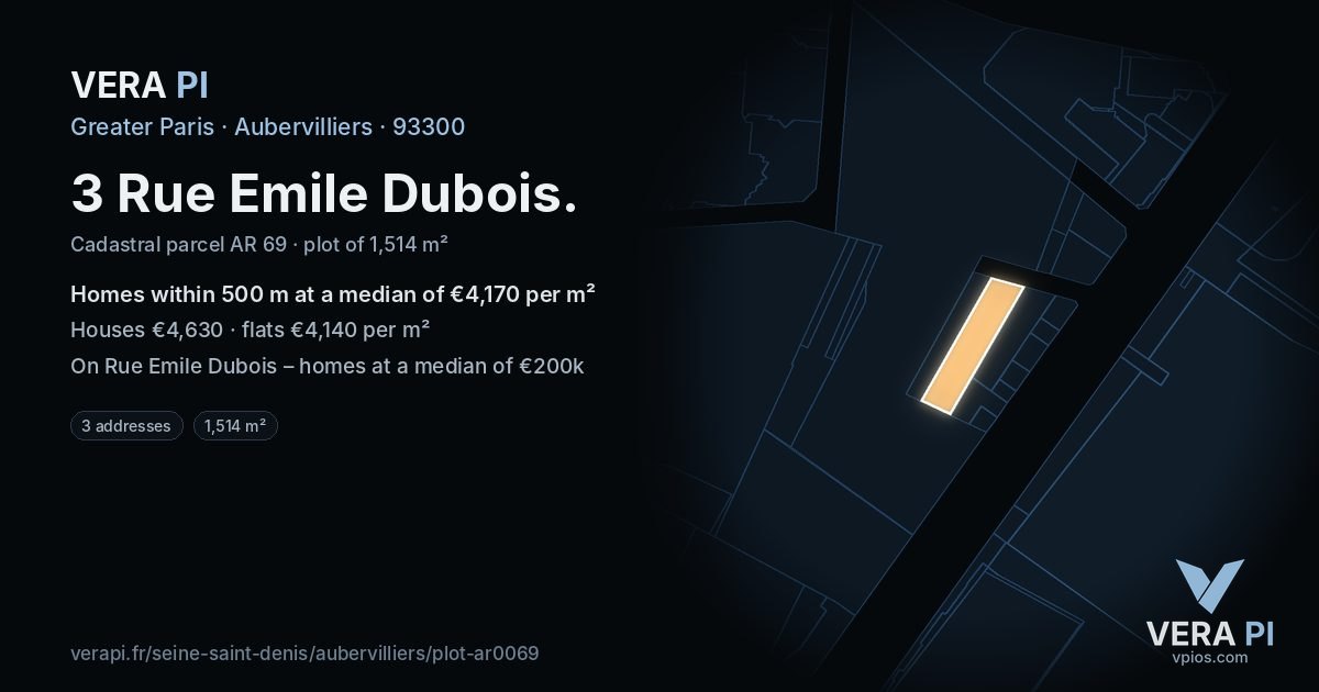3 Rue Emile Dubois, Aubervilliers at night – the plot lit, the parcels around coloured by the prices near them
