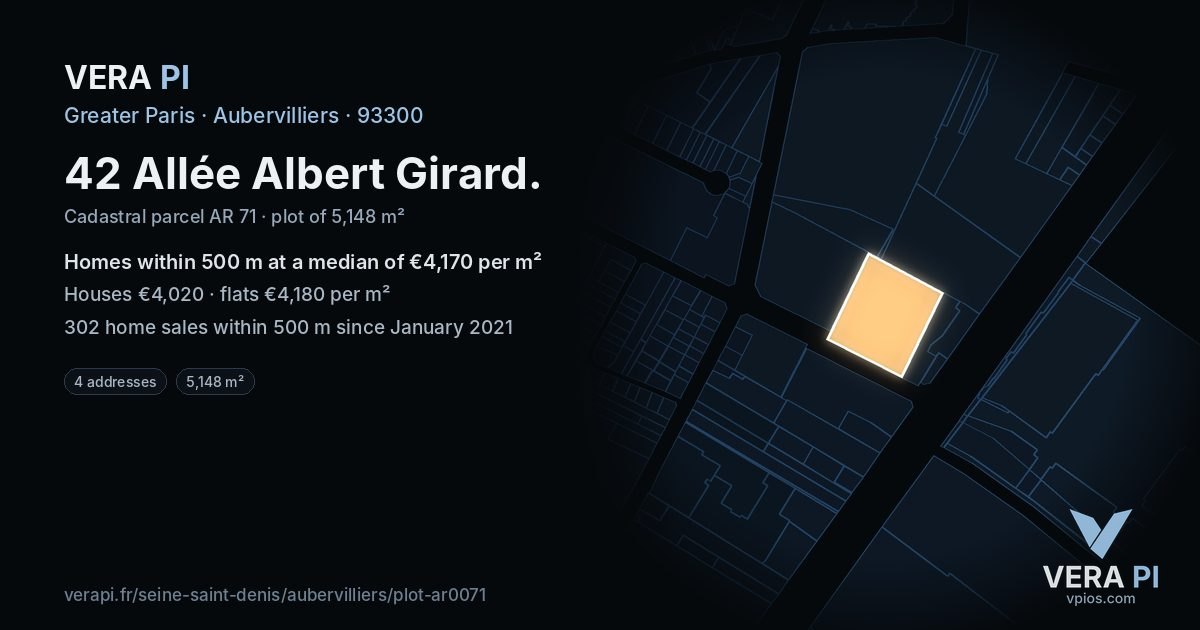 42 Allée Albert Girard, Aubervilliers at night – the plot lit, the parcels around coloured by the prices near them