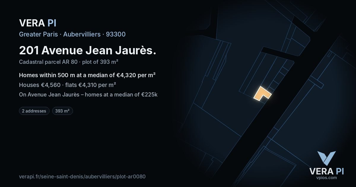 201 Avenue Jean Jaurès, Aubervilliers at night – the plot lit, the parcels around coloured by the prices near them