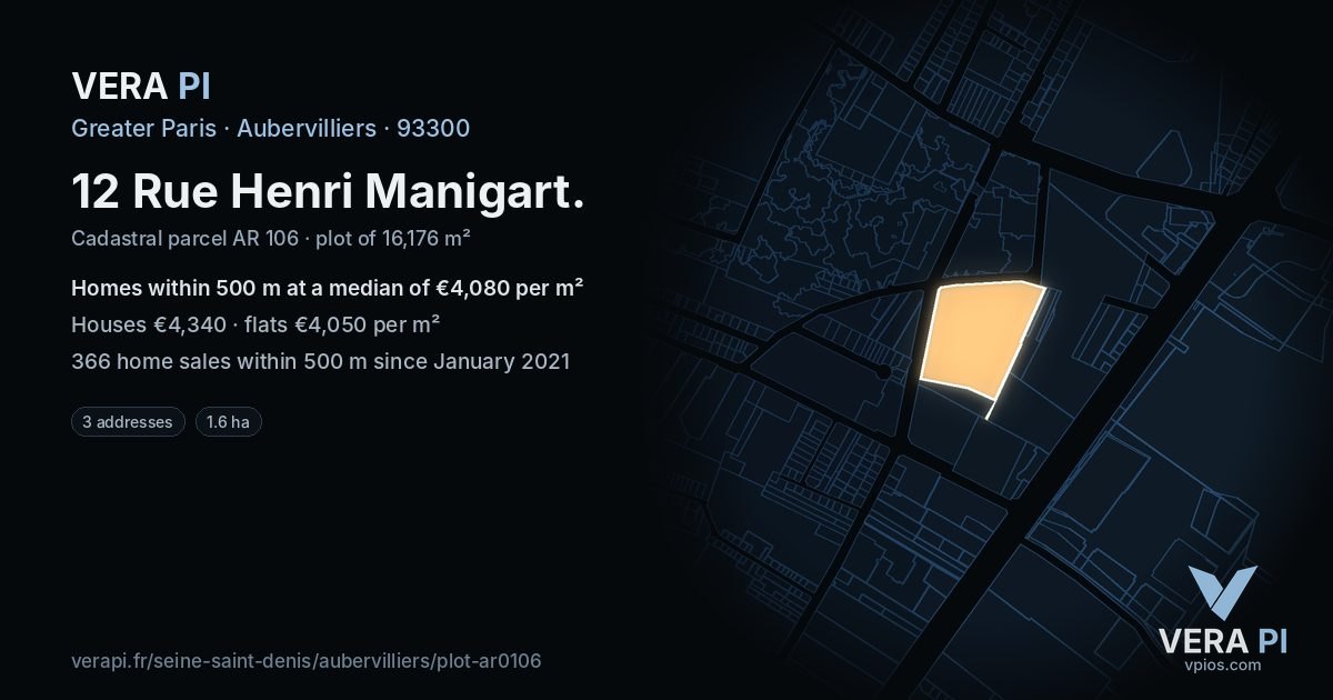 12 Rue Henri Manigart, Aubervilliers at night – the plot lit, the parcels around coloured by the prices near them