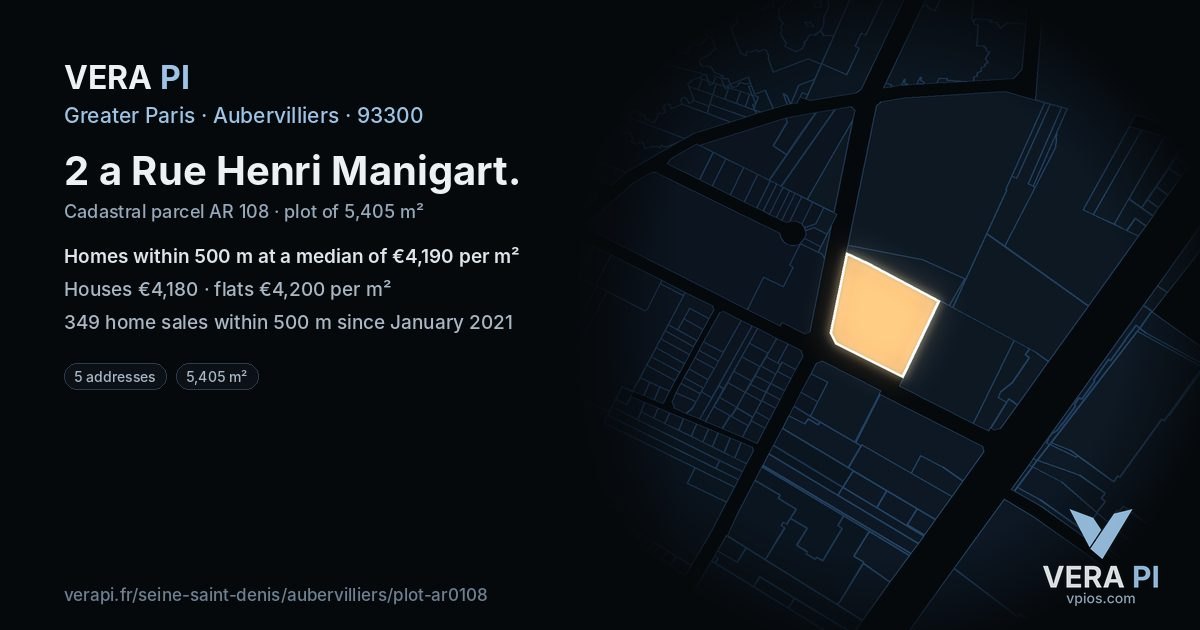2 a Rue Henri Manigart, Aubervilliers at night – the plot lit, the parcels around coloured by the prices near them