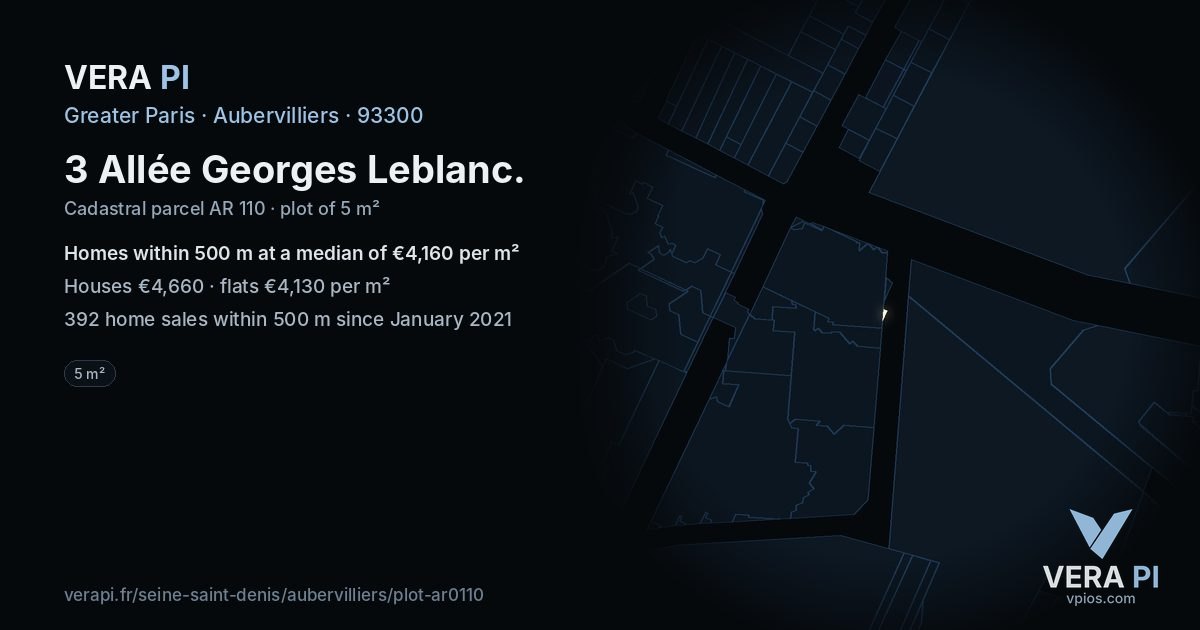 3 Allée Georges Leblanc, Aubervilliers at night – the plot lit, the parcels around coloured by the prices near them