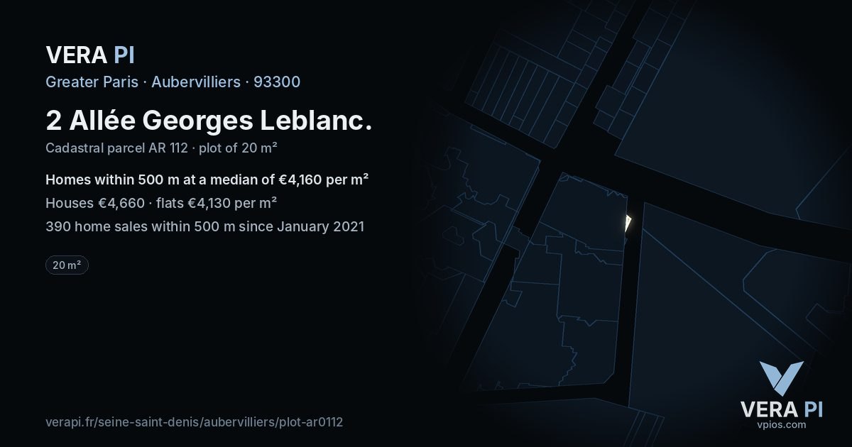2 Allée Georges Leblanc, Aubervilliers at night – the plot lit, the parcels around coloured by the prices near them