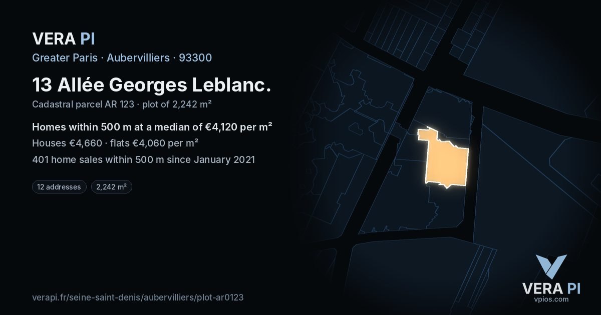 13 Allée Georges Leblanc, Aubervilliers at night – the plot lit, the parcels around coloured by the prices near them