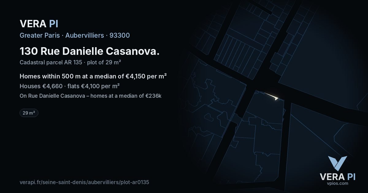 130 Rue Danielle Casanova, Aubervilliers at night – the plot lit, the parcels around coloured by the prices near them