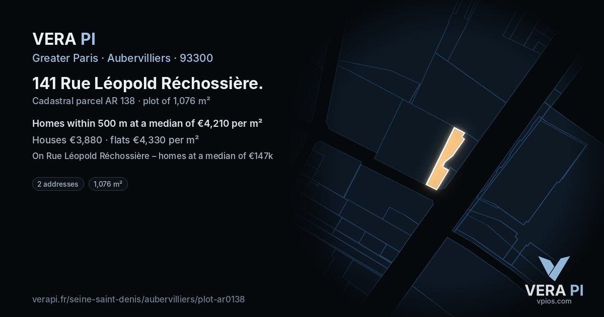 141 Rue Léopold Réchossière, Aubervilliers at night – the plot lit, the parcels around coloured by the prices near them