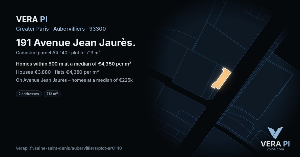191 Avenue Jean Jaurès, Aubervilliers at night – the plot lit, the parcels around coloured by the prices near them