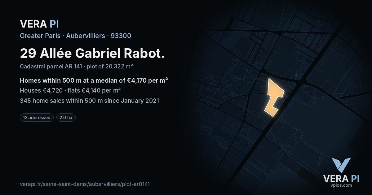 29 Allée Gabriel Rabot, Aubervilliers at night – the plot lit, the parcels around coloured by the prices near them