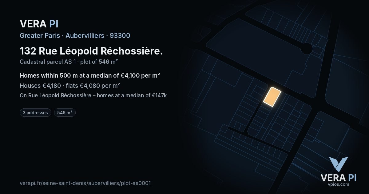 132 Rue Léopold Réchossière, Aubervilliers at night – the plot lit, the parcels around coloured by the prices near them