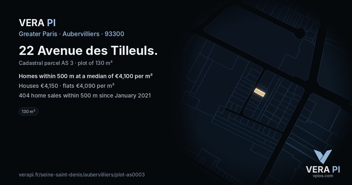 22 Avenue des Tilleuls, Aubervilliers at night – the plot lit, the parcels around coloured by the prices near them
