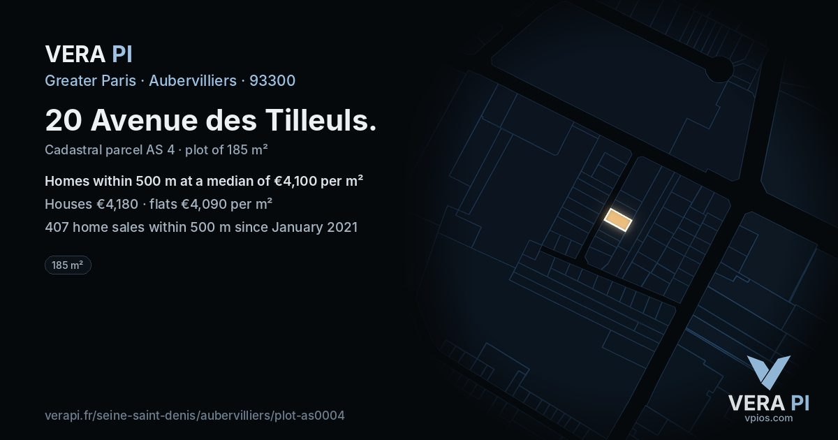 20 Avenue des Tilleuls, Aubervilliers at night – the plot lit, the parcels around coloured by the prices near them