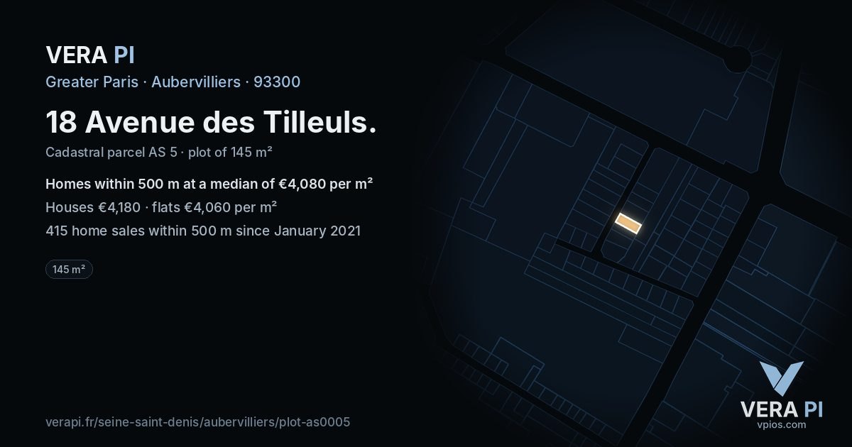 18 Avenue des Tilleuls, Aubervilliers at night – the plot lit, the parcels around coloured by the prices near them