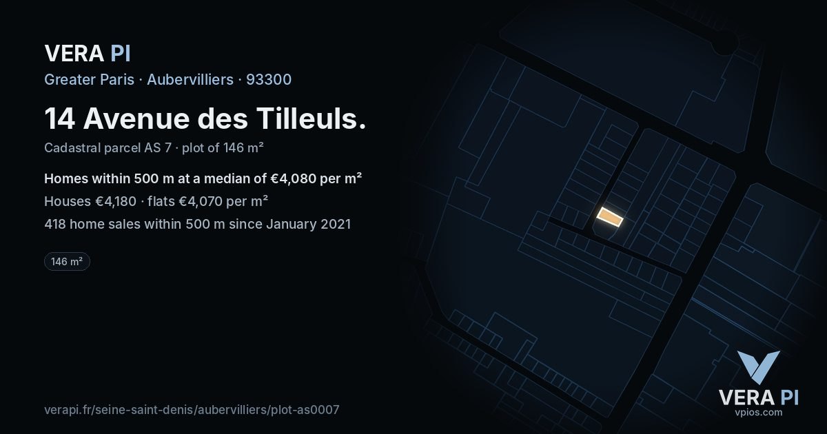 14 Avenue des Tilleuls, Aubervilliers at night – the plot lit, the parcels around coloured by the prices near them