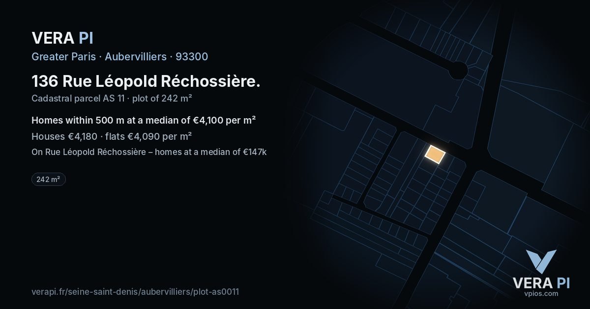 136 Rue Léopold Réchossière, Aubervilliers at night – the plot lit, the parcels around coloured by the prices near them