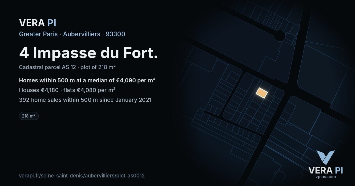 4 Impasse du Fort, Aubervilliers at night – the plot lit, the parcels around coloured by the prices near them