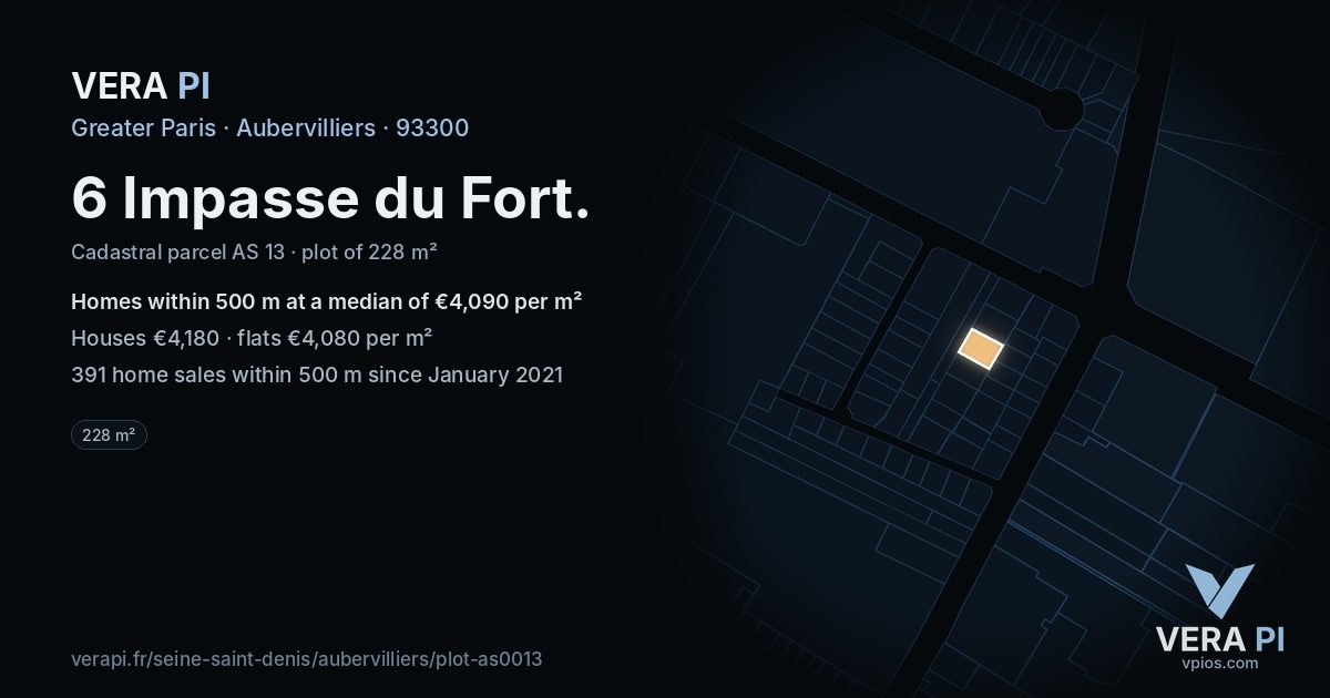 6 Impasse du Fort, Aubervilliers at night – the plot lit, the parcels around coloured by the prices near them