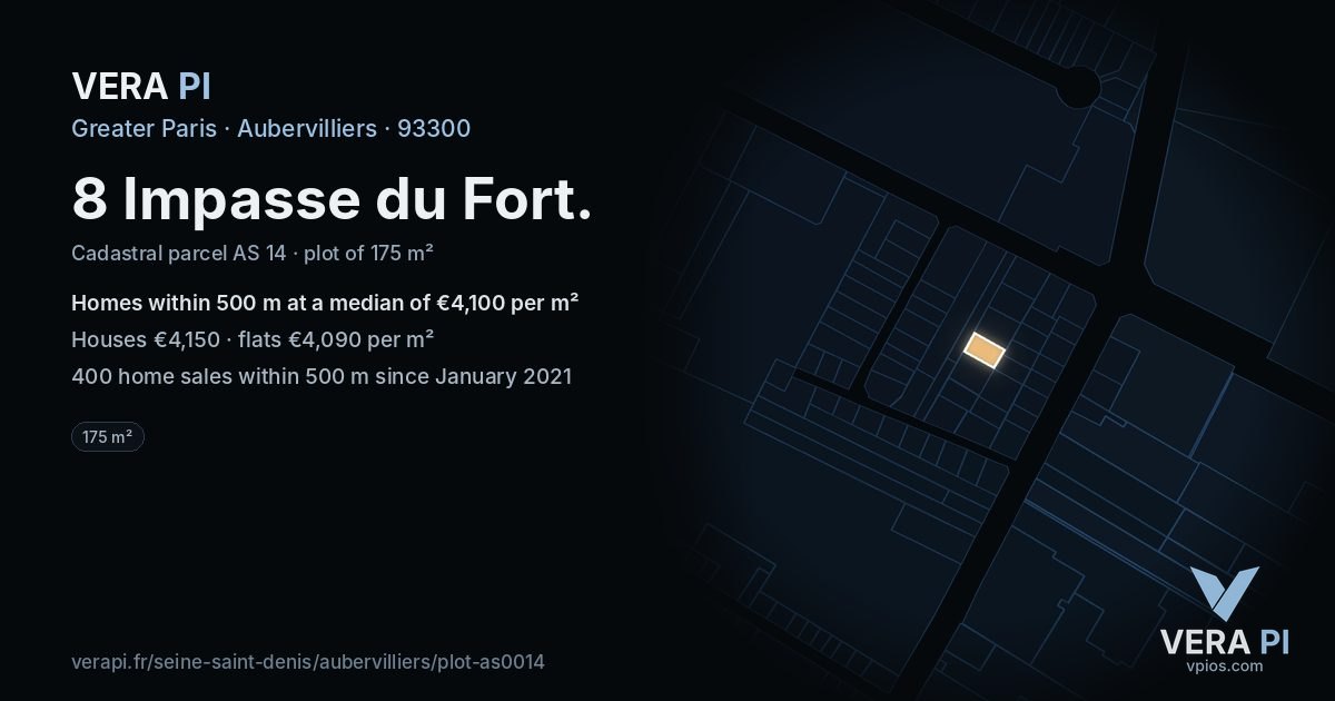 8 Impasse du Fort, Aubervilliers at night – the plot lit, the parcels around coloured by the prices near them