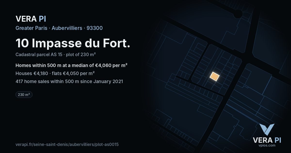 10 Impasse du Fort, Aubervilliers at night – the plot lit, the parcels around coloured by the prices near them
