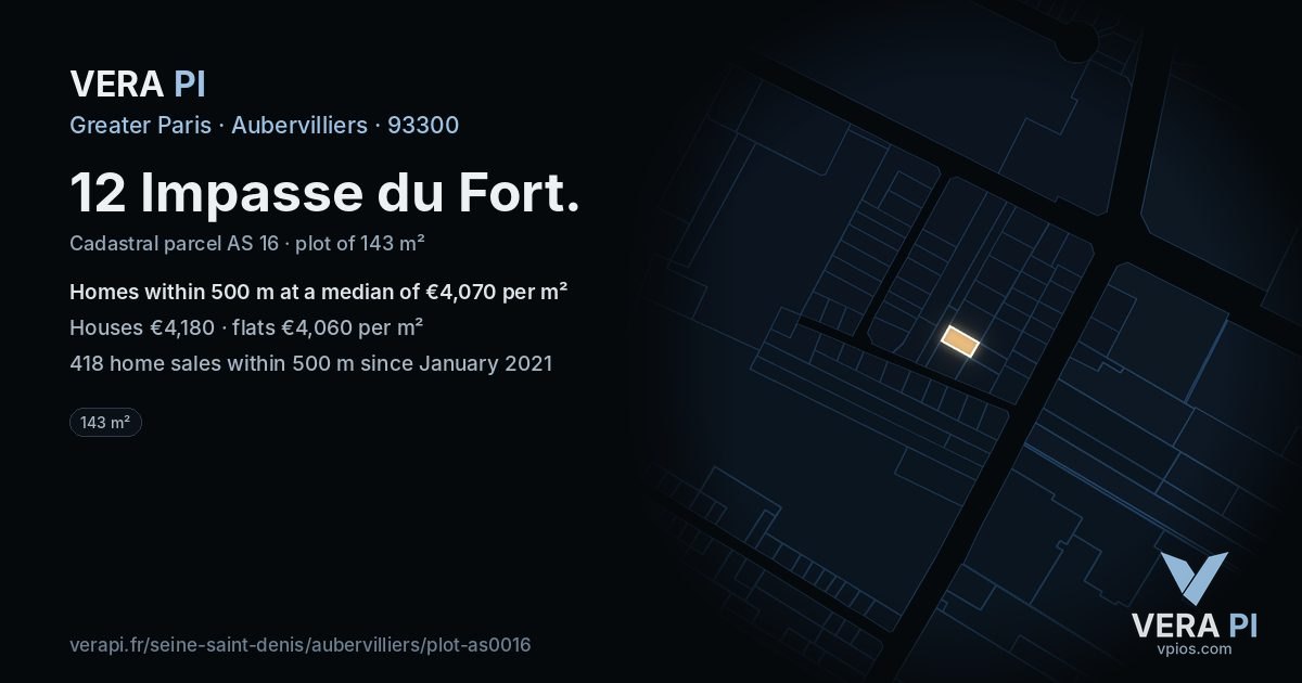12 Impasse du Fort, Aubervilliers at night – the plot lit, the parcels around coloured by the prices near them