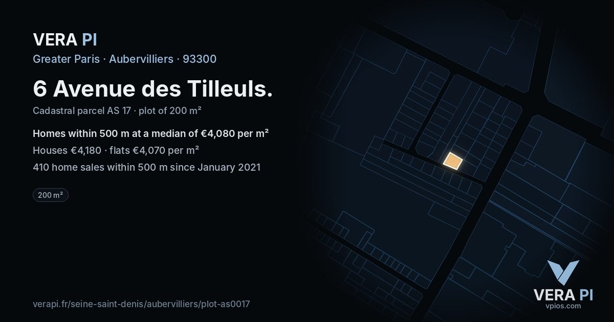 6 Avenue des Tilleuls, Aubervilliers at night – the plot lit, the parcels around coloured by the prices near them