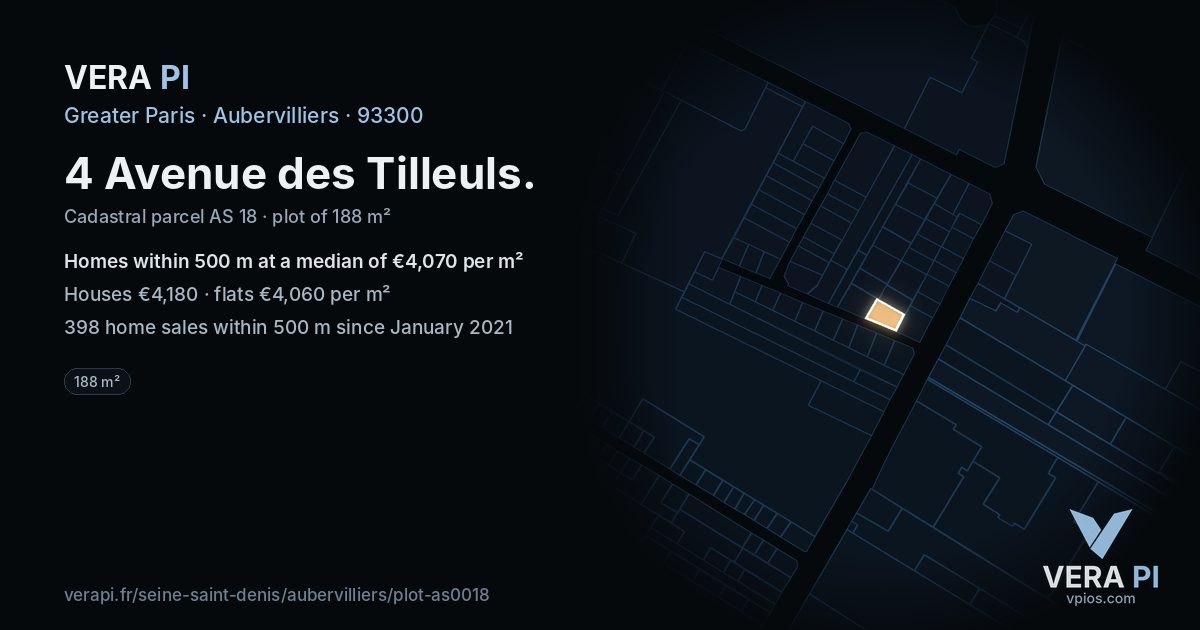4 Avenue des Tilleuls, Aubervilliers at night – the plot lit, the parcels around coloured by the prices near them