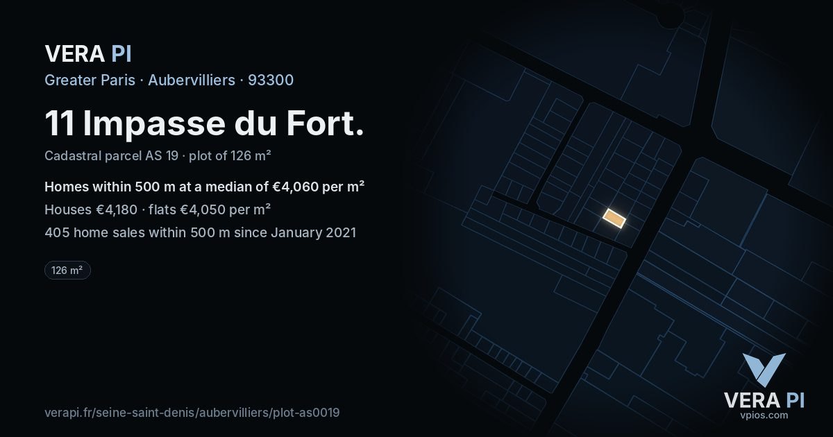 11 Impasse du Fort, Aubervilliers at night – the plot lit, the parcels around coloured by the prices near them
