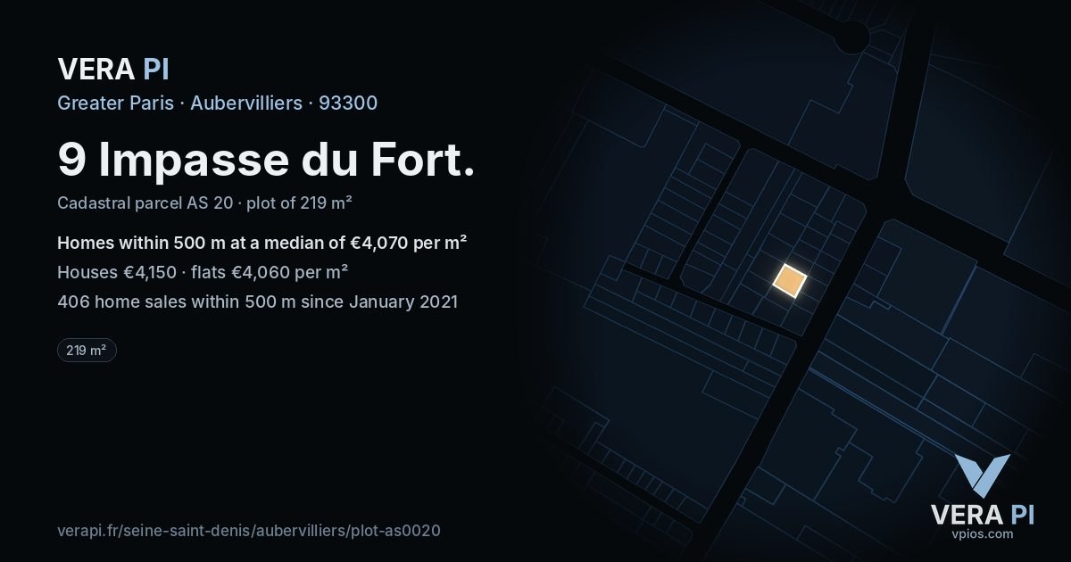 9 Impasse du Fort, Aubervilliers at night – the plot lit, the parcels around coloured by the prices near them