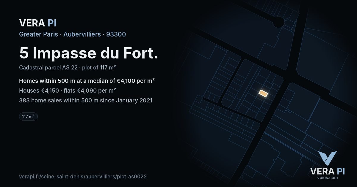5 Impasse du Fort, Aubervilliers at night – the plot lit, the parcels around coloured by the prices near them