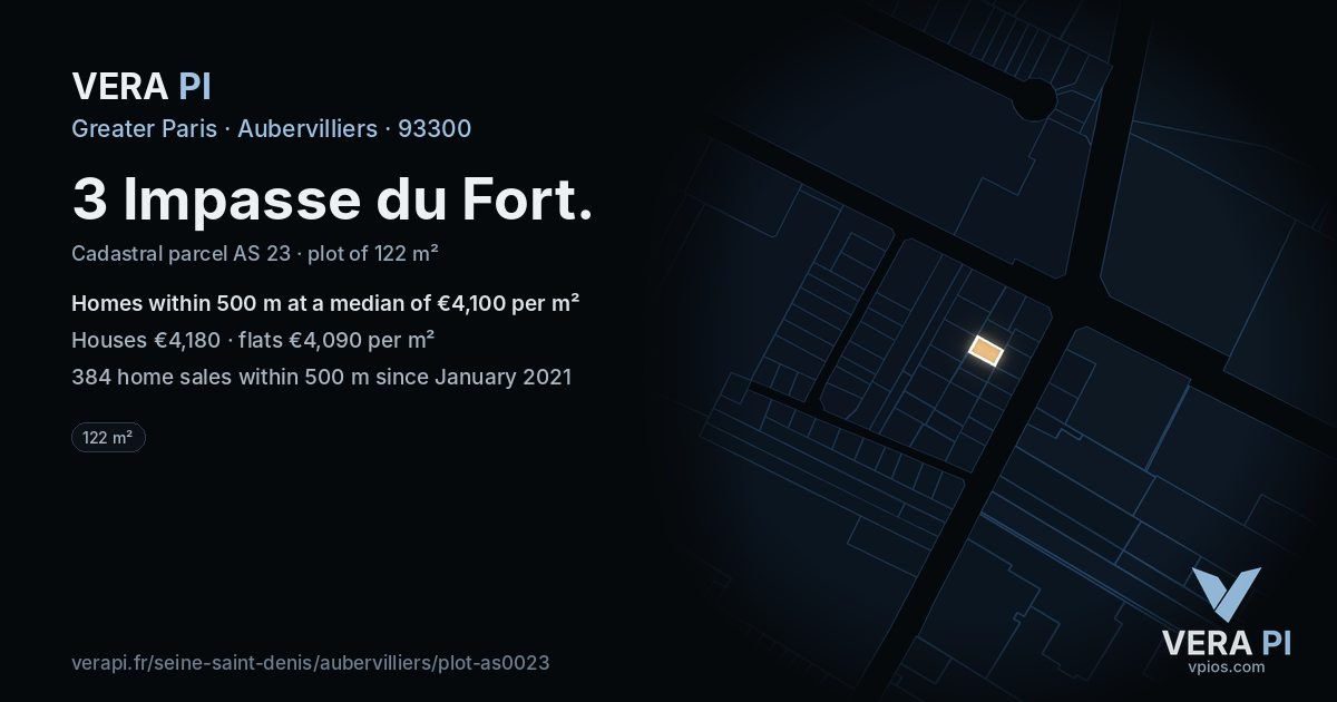 3 Impasse du Fort, Aubervilliers at night – the plot lit, the parcels around coloured by the prices near them