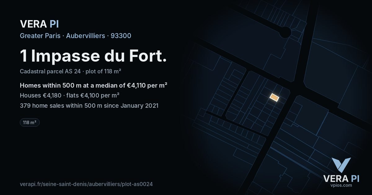 1 Impasse du Fort, Aubervilliers at night – the plot lit, the parcels around coloured by the prices near them