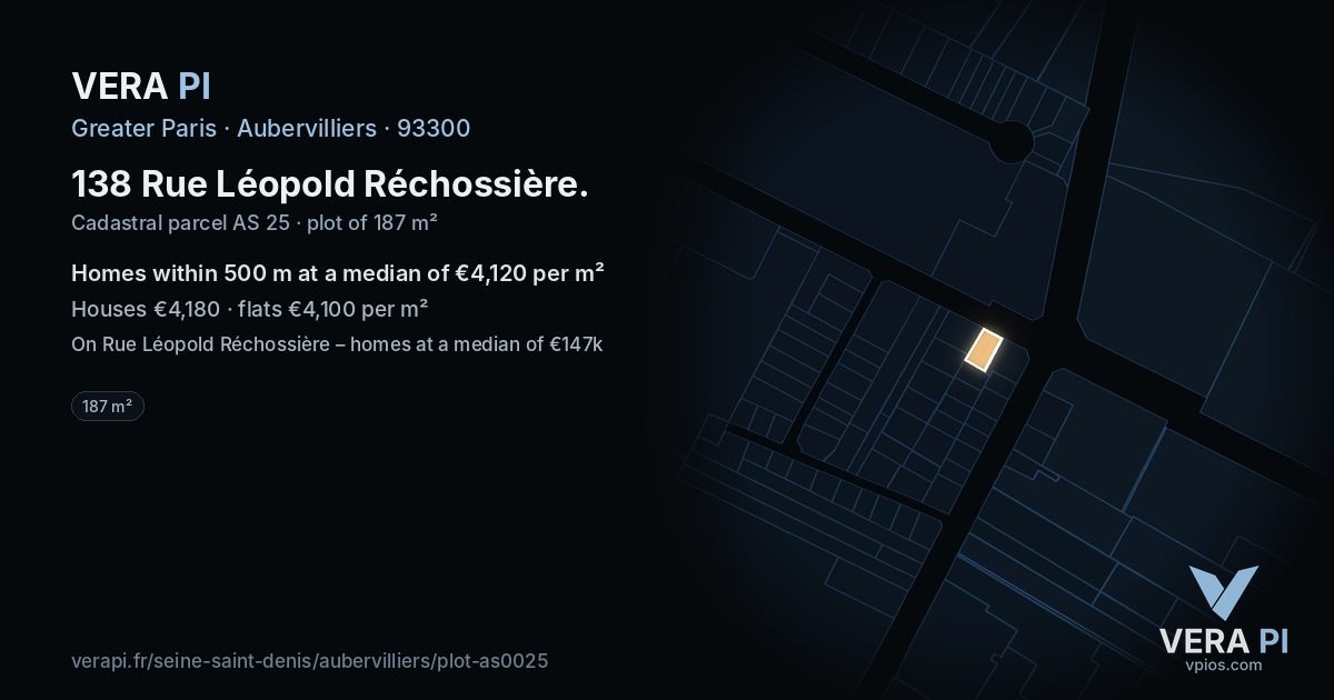 138 Rue Léopold Réchossière, Aubervilliers at night – the plot lit, the parcels around coloured by the prices near them