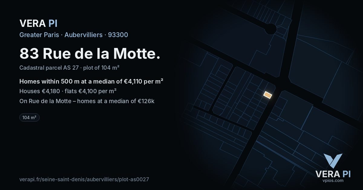 83 Rue de la Motte, Aubervilliers at night – the plot lit, the parcels around coloured by the prices near them