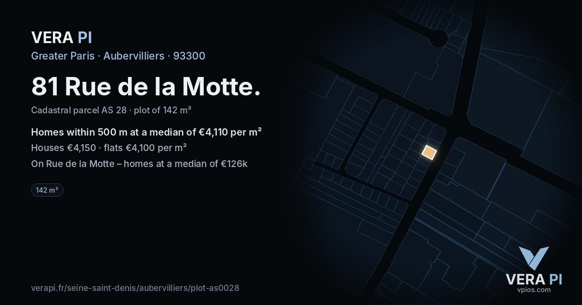 81 Rue de la Motte, Aubervilliers at night – the plot lit, the parcels around coloured by the prices near them