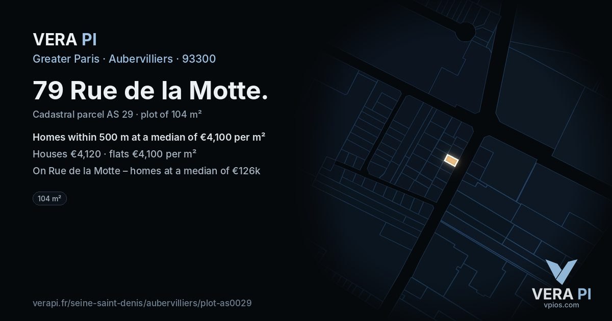 79 Rue de la Motte, Aubervilliers at night – the plot lit, the parcels around coloured by the prices near them