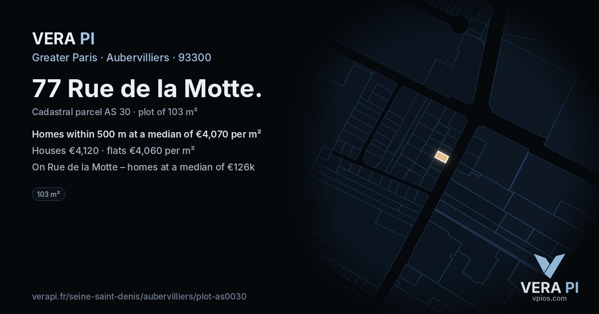 77 Rue de la Motte, Aubervilliers at night – the plot lit, the parcels around coloured by the prices near them