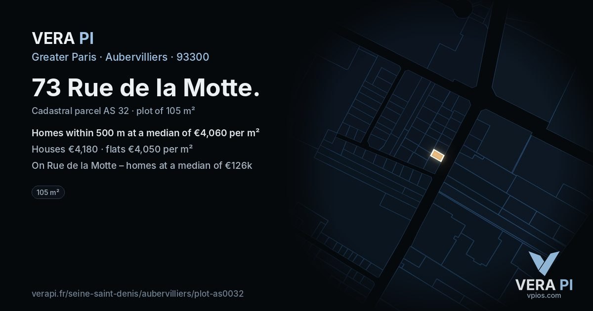 73 Rue de la Motte, Aubervilliers at night – the plot lit, the parcels around coloured by the prices near them