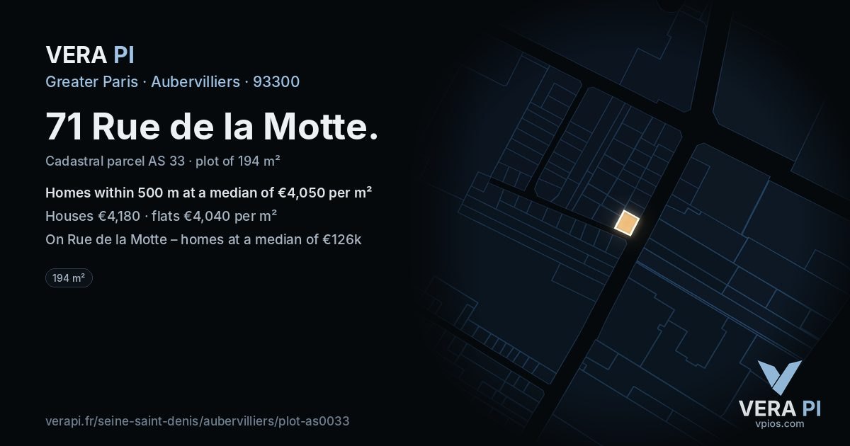 71 Rue de la Motte, Aubervilliers at night – the plot lit, the parcels around coloured by the prices near them