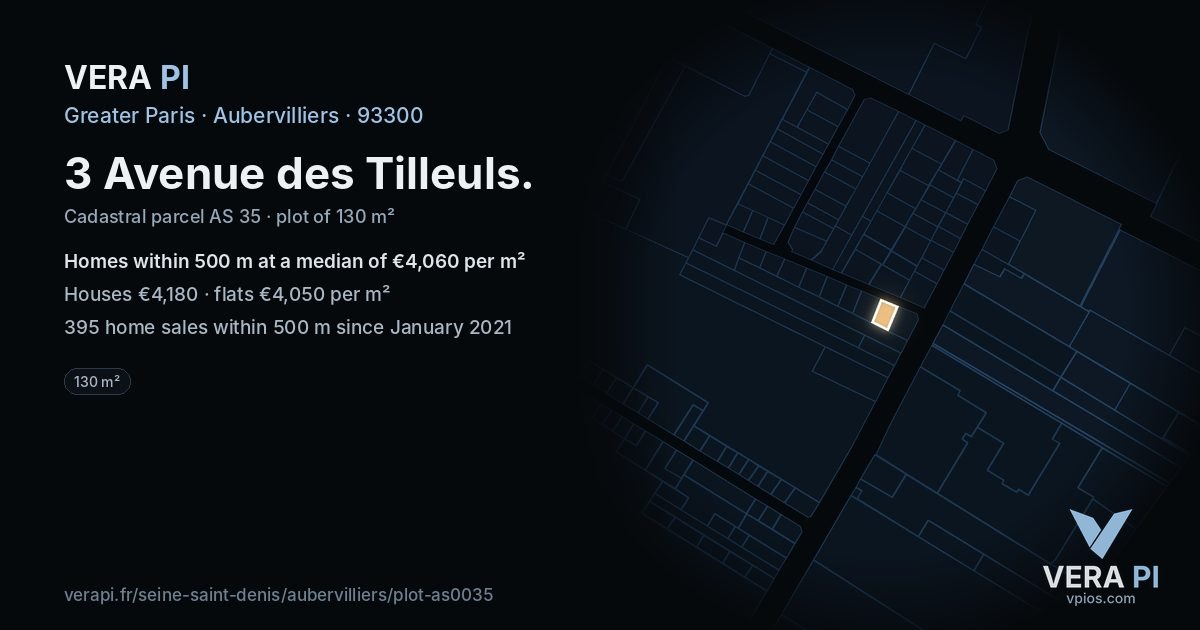 3 Avenue des Tilleuls, Aubervilliers at night – the plot lit, the parcels around coloured by the prices near them