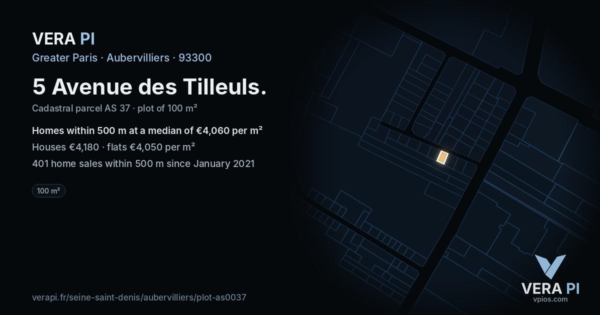 5 Avenue des Tilleuls, Aubervilliers at night – the plot lit, the parcels around coloured by the prices near them